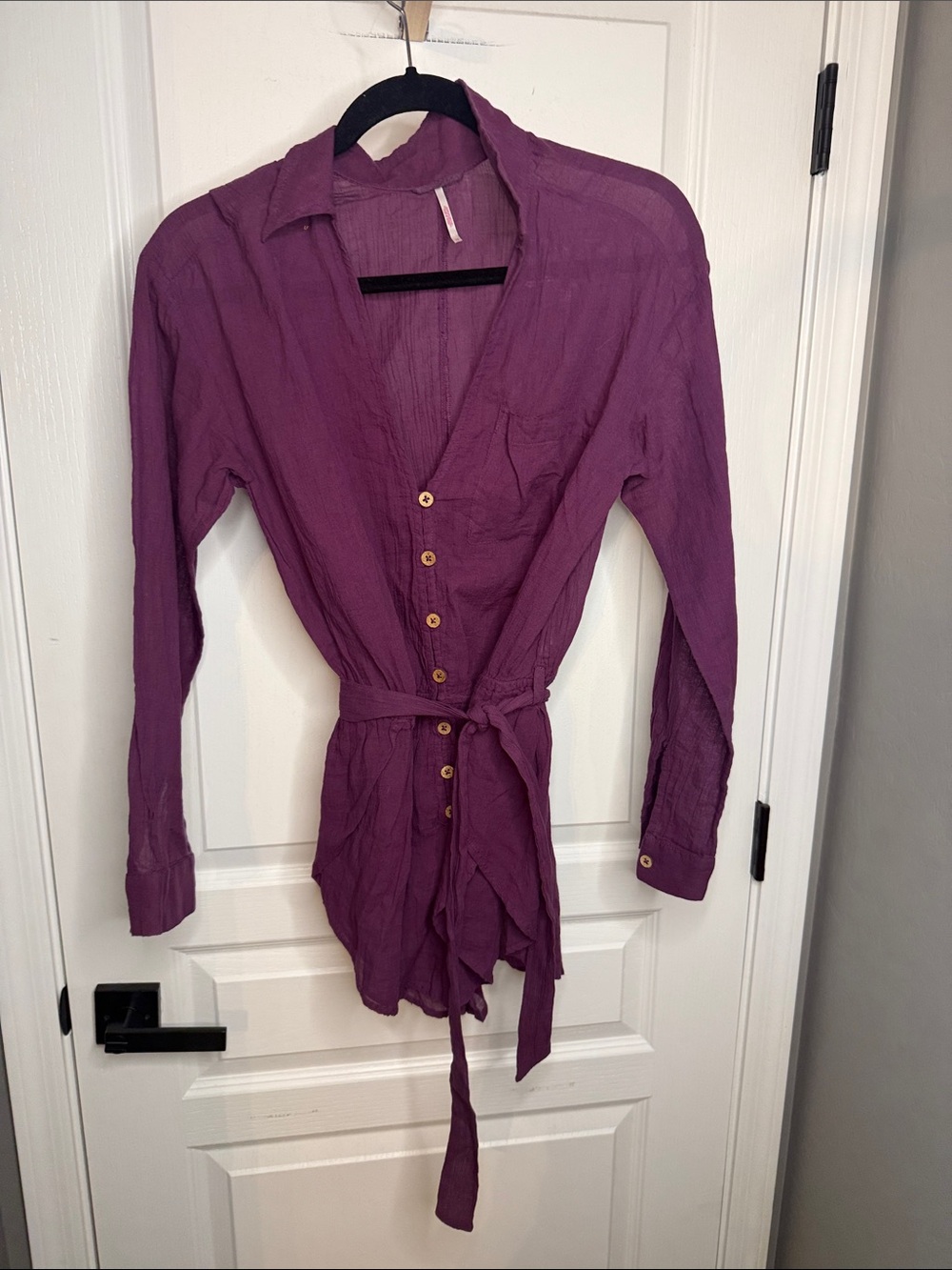 Free People Plum Button-Front Long-Sleeve 100% Cotton Jumpsuit with Waist Tie